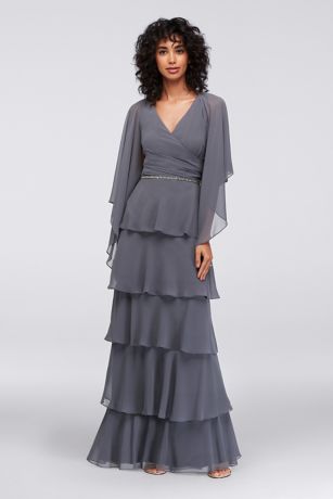 Long Tiered Chiffon Dress with Capelet ...